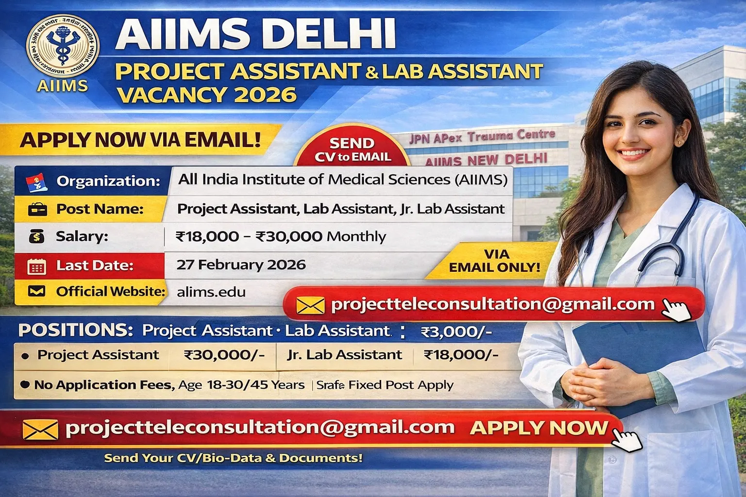AIIMS Delhi Project Assistant Lab Assistant Vacancy 2026